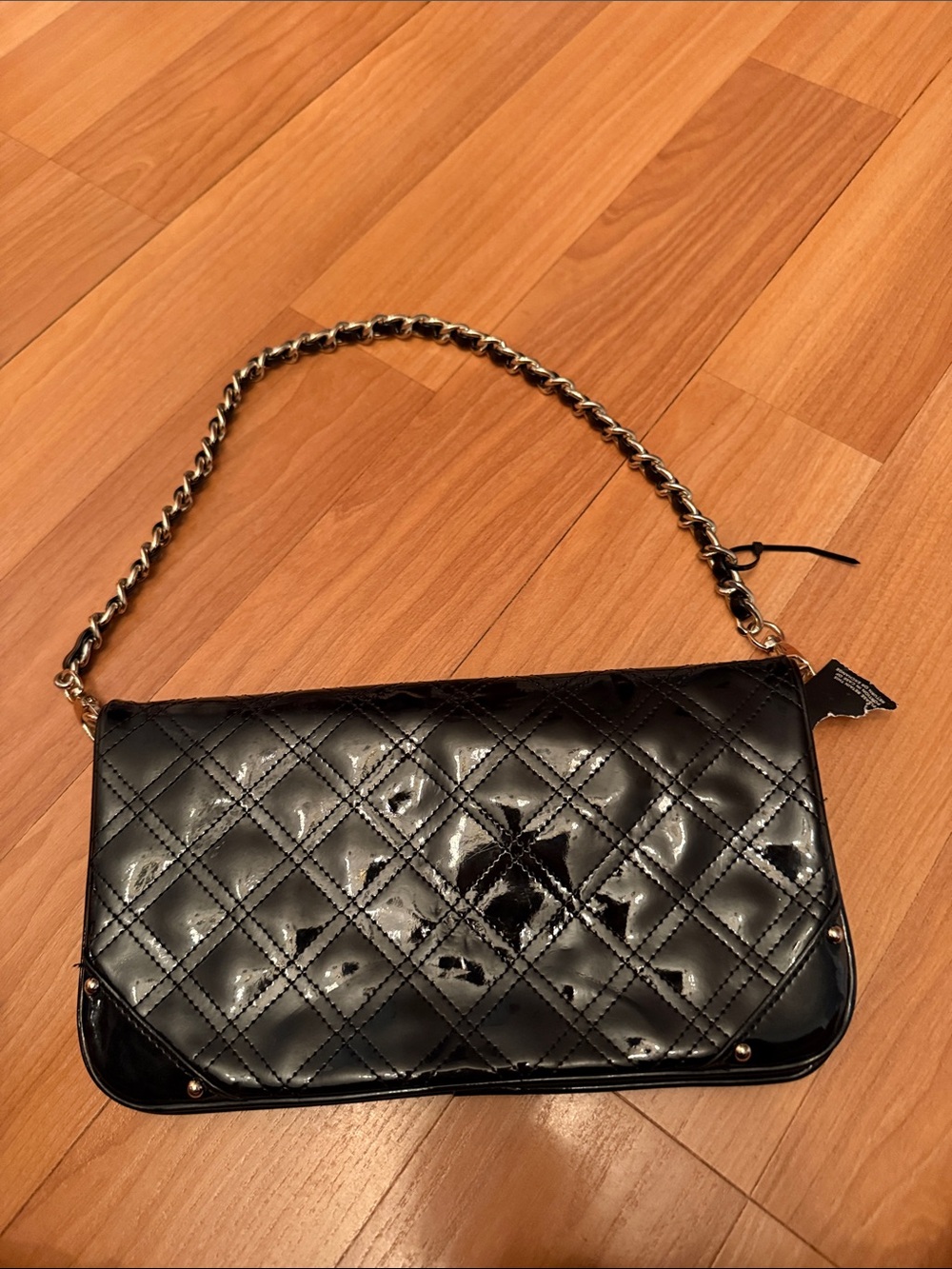 Ann Taylor Loft Quilted Patent Leather Chain Shoulder Bag - Black